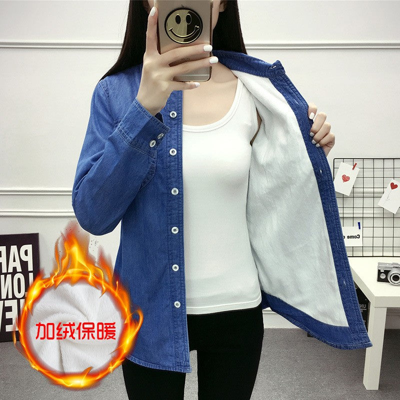 2022 Casual winter Autumn warm thick fleece denim Blouses Women Ladies Tops Women Blouses Long Sleeve Shirt clothe S-3XL
