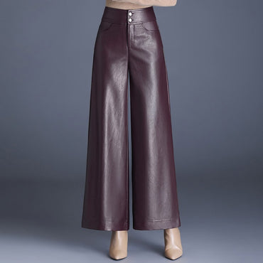 ZUZK High Quality Women PU Leather Wed Leg Pants Autumn Winter Fashion Warm Long Leather Pants Elegant LeatherTrousers