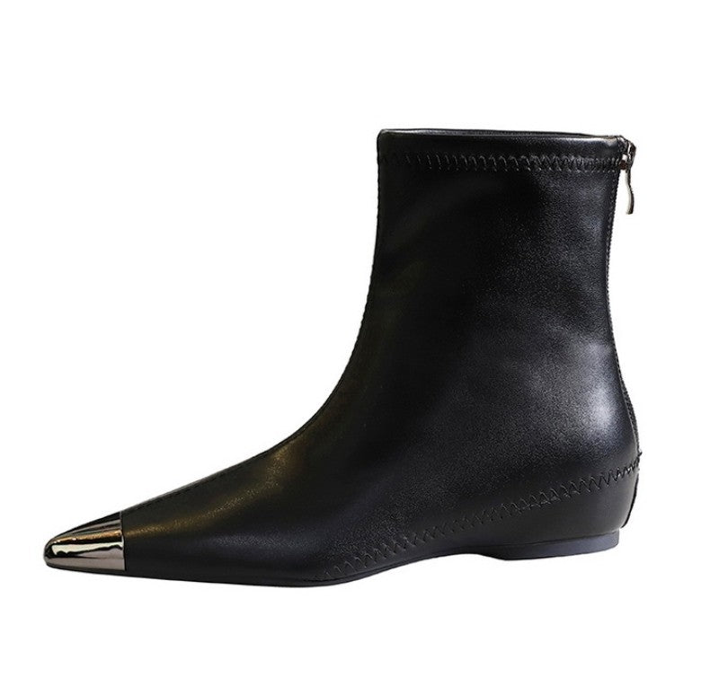 Retro European American Style Versatile Low Heel Heel Heightened Metal Pointed Iron Head Short Tube Women's Boots Short Boots