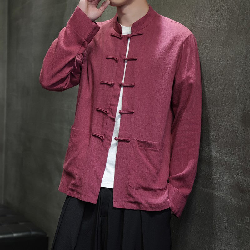 Chinese-style Men's Black Long-sleeve Shirt, Cotton-linen Blend Stand-up Collar Shirts, Available in Burgundy, Beige, and Gray.