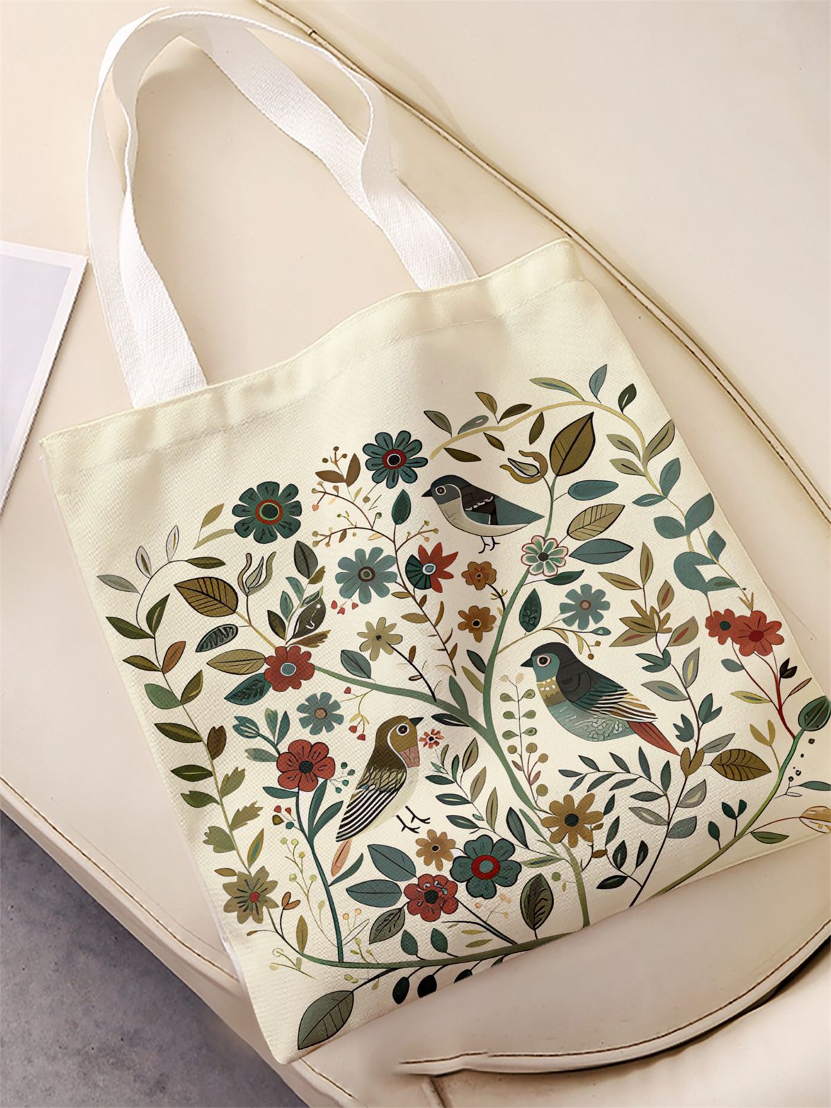 Bird and flower pattern printed casual handbag, reusable fashionable backpack, multifunctional handbag, canvas shopping bag