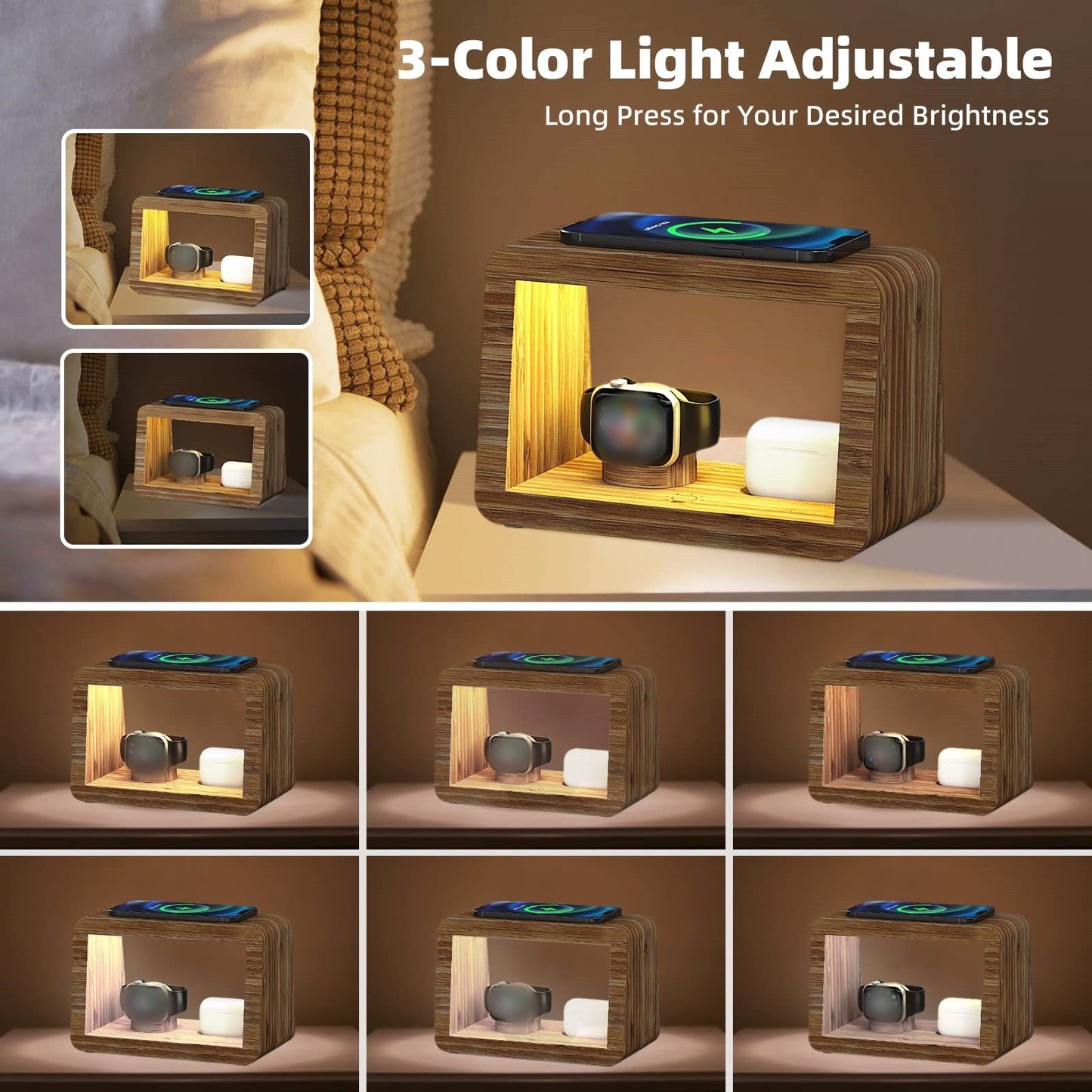 Popular Product 2024 4 In 1 Bamboo Wood Desk Organizer Wireless Charging Dock Station Mobile Phone Holder