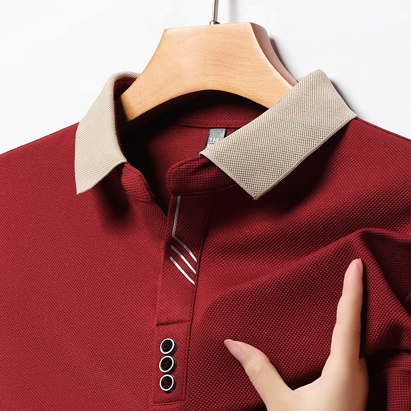 New Men's Long-sleeved Polo Shirt Sweatwear Business Casual Top Fashion Classic Solid Color Male Brand Basic V-neck Top