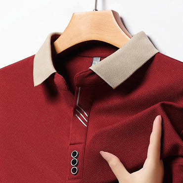 New Men's Long-sleeved Polo Shirt Sweatwear Business Casual Top Fashion Classic Solid Color Male Brand Basic V-neck Top