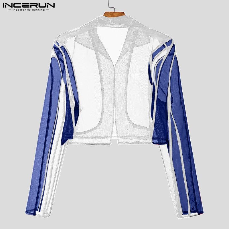 INCERUN Tops American Style Fashion Men Personality Splicing Contrast Color Suit Coat Casual Streetwear Male Long Sleeved Blazer