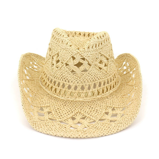 Chapéu de cowboy ocidental de palha feito à mão, chapéu de sol de aba enrolada para festa, proteção solar, unissex, para homem e mulher