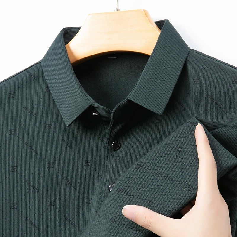 New Men's Business Casual Long Sleeved Shirt with Badge Solid Color Polo Shirt Fashionable Breathable Comfortable Versatile Top