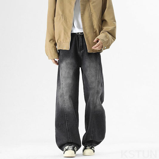 KSTUN Wide Leg Jeans For Men Loose Fit Baggy Pants Patchwork Vintage Elastic Waist Oversize Trousers Streetwear HipHop Jeans Boy