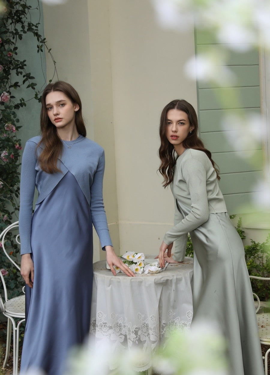 AS 2025 spring summer elegance satin dress + knitted top match set maxi floor le