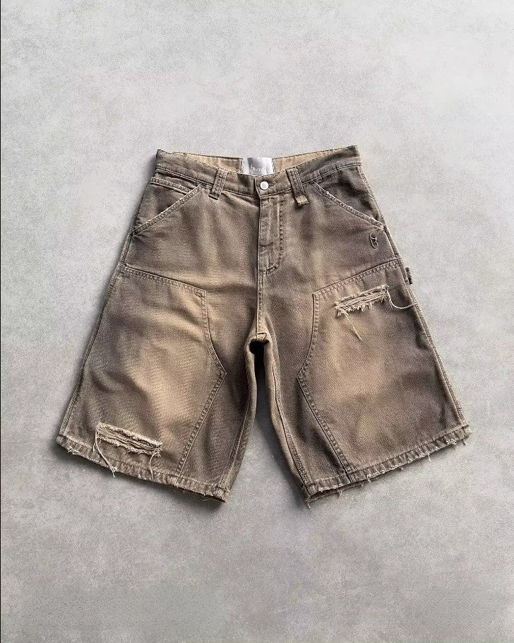 2000s Style Chinese Loong Hip Hop Denim Shorts Summer Baggy Jeans Gothic Jorts Y2k Retro Blue Men Wide Leg Cargo Gym Shorts