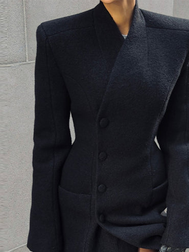 Black Tailored Long Coat Women Elegant Asymmetric Button Front Pockets Full Sleeve Criss-cross Neck Jacket 2025 Casual Outerwear