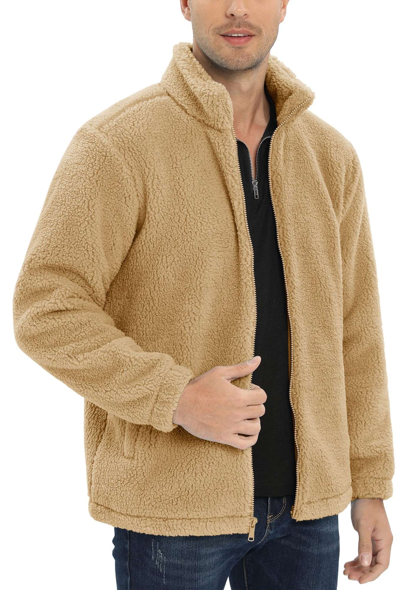 TACVASEN Winter Full Zip Up Warm Fleece Jackets Mens Fuzzy Sherpa Jacket Thicken Thermal Outdoor Fluffy Coat Zip Pocket Outwear