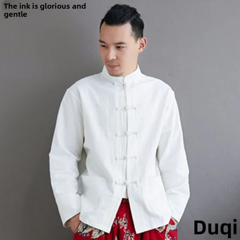 New Arrival Spring Autumn Handmade Cotton Linen Chinese Style Vintage Tang Suit Shirt White Base Layer Monk's Shirt