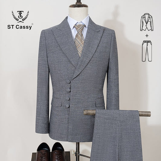 ST Cassy Elegant man suit for wedding Slim Fit Double Breasted Multiple buttons Casual Business man 2 piece outfit set