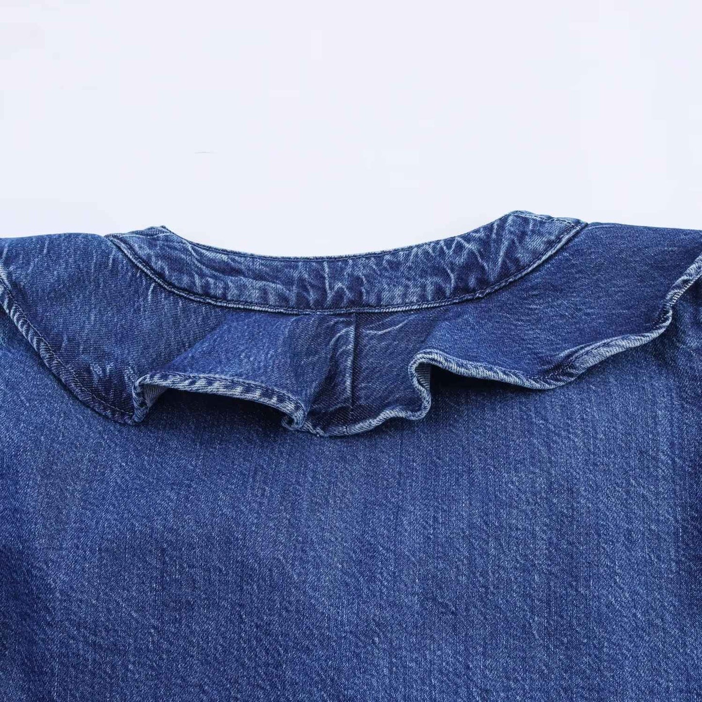 European style new women's fashion all-match temperament lotus leaf lace V-neck long-sleeved denim shirt