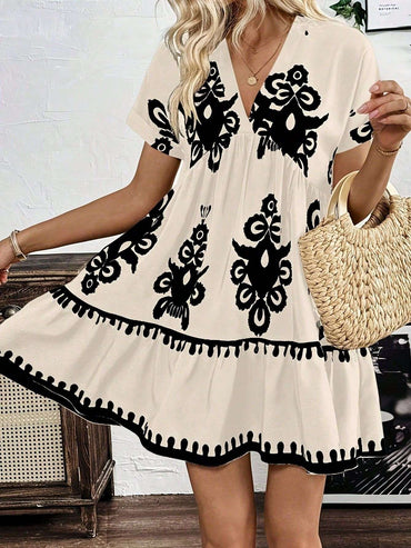 Plus size, women's fashionable short-sleeved V-neck dress, retro ethnic style fashion women's dress - elastic