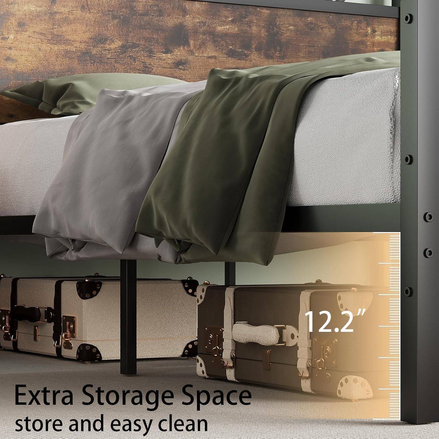 Estrutura de Cama Queen Size, Cabeceira Industrial de 130 cm de Altura, Estrutura de Cama Plataforma Queen com Suporte de Sarrafos de Aço Forte, Ruído F