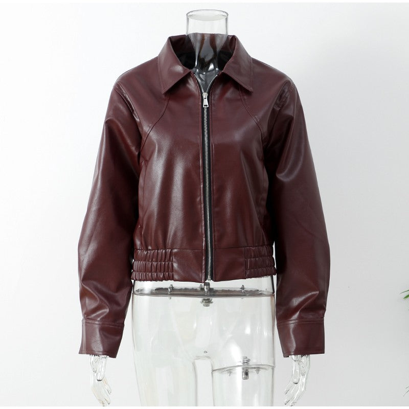 Full Sleeve Cropped Women Casual Slim Thin Motorcycle Coat Chic Zipper Lapel Wine Red Leather Jacket Lady New Highstreet Outwear