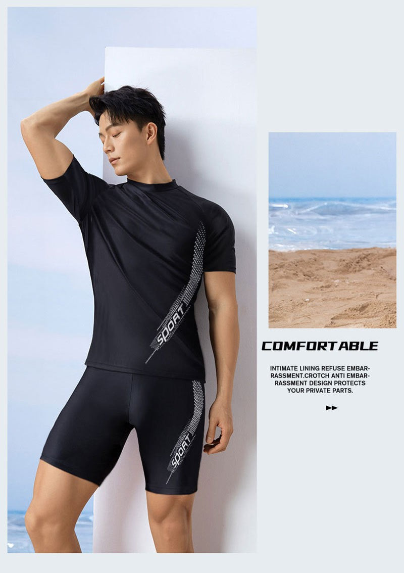 Men Swimsuit O-Neck Short Sleeve Mid-rise Swimming Suit Printing Slim Fit T-shirt Swimming Trucks Set Beachwear