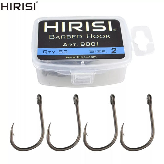 Anzóis Hirisi 50pçs com Farpa Revestidos para Pesca de Carpa com Olhal, Design Japonês, Fabricados em Aço Carbono 8001
