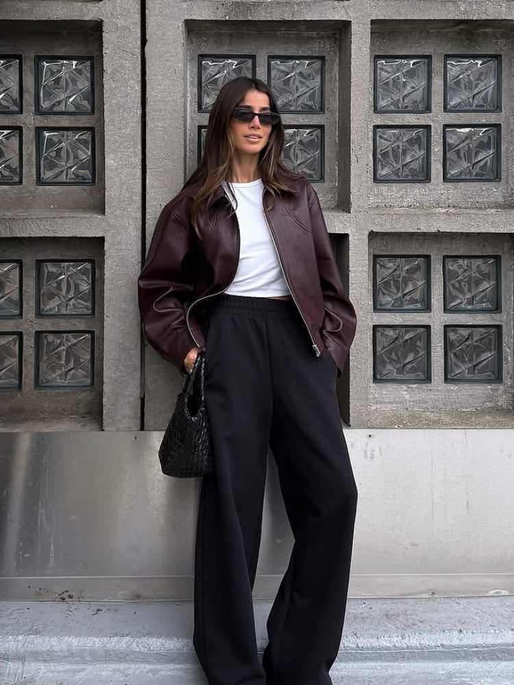 Full Sleeve Cropped Women Casual Slim Thin Motorcycle Coat Chic Zipper Lapel Wine Red Leather Jacket Lady New Highstreet Outwear