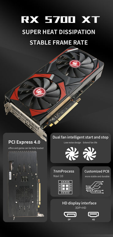 Veineda Graphics Card RX 5700XT 8GB GPU GDDR6 256Bit 8pin+6pin 7nm DP*3 HDMI*1 Video Card Support Desktop CPU placa de video