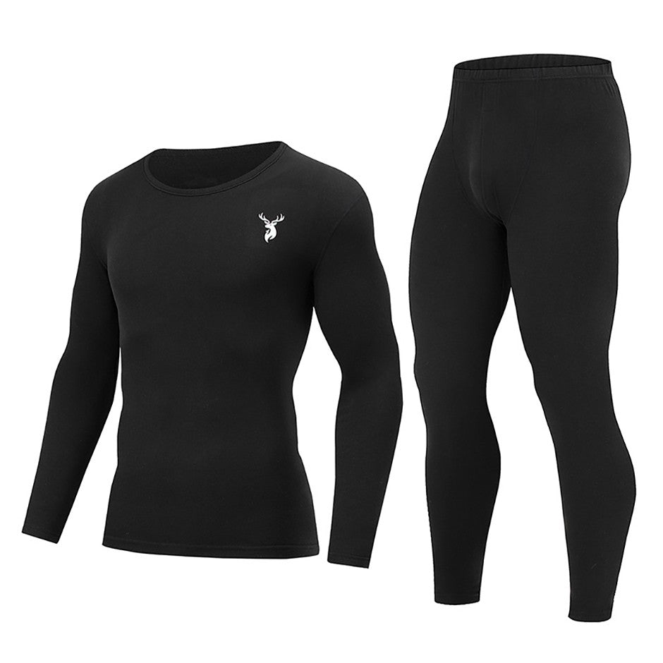 2-piece Autumn And Winter Men's Fashion Lucky Deer Pattern Solid Color Basic Warm Underwear Set Comfortable Long Sleeve Pants
