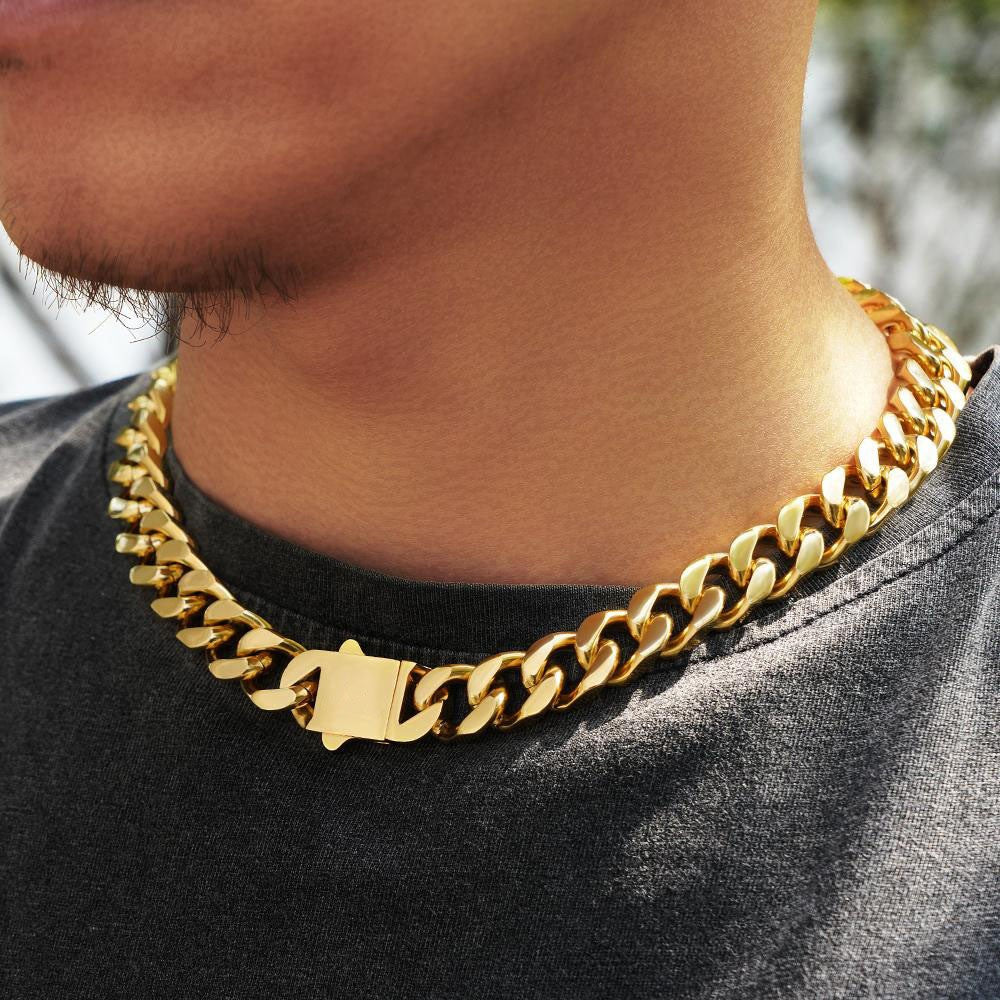Pulseira Acessório Masculina de Aço Inoxidável 316 Banhada a Ouro 18k, Corrente Cubana Criptografada de 8, 10, 12mm, Estilo Miami Rap Hip Hop