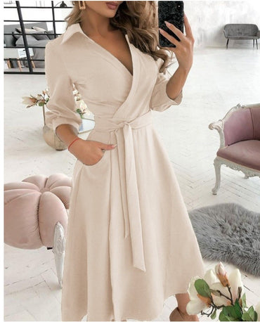 Spring Autumn Fashion Office Ruched Dress Long-sleeved V-neck Red Black Blue Bag Hip Dress Women's Clothing Dress for Women