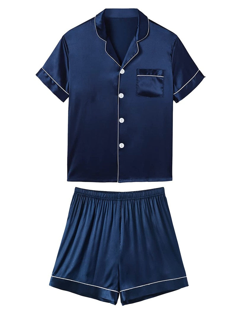 Men's Luxury Satin Pajama Set Short Sleeve Lapel Front Buttons Top And Elastic Shorts Comfortable Fit Loungewear Sleepwear Pjs