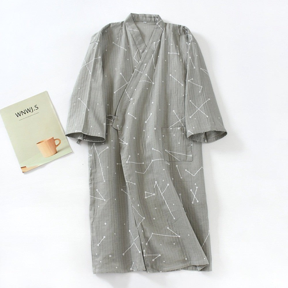 Sleepwear V-Neck Men's Kimono Bathrobe Loose Long Sleeve Japanese-Style Yukata Print Casual Men's Hooded Robe Sauna