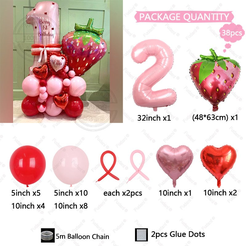 38pcs Strawberry Balloon Pink Number Birthday Balloon Set Fruit Theme Party Decoration Festival Balloon Photography Props