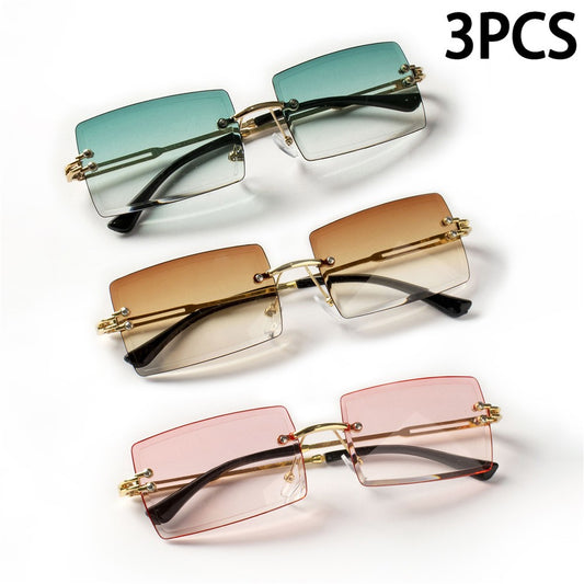 3PCS Fashion Rimless Sunglasses Women Trendy Small Rectangle Sun Glasses Summer Traveling Style Brown Shades for men