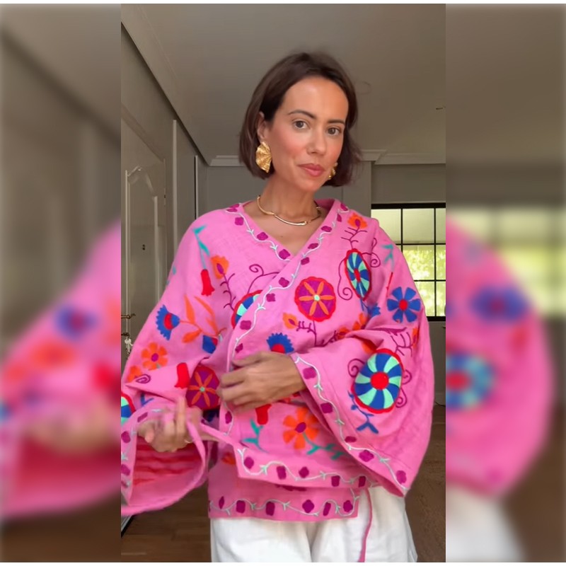 Pink Embroidery Cotton Linen Short Coat Woman Casual Lace Up Long Sleeves V Neck Jacket New Autumn Lady Street Printed Outerwear