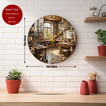Tempered Glass Wall Clock Antique Studio Interior Scene Suitable For Wall Decor or Tabletop Display Anywhere