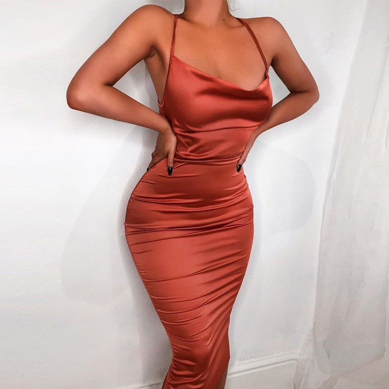 Neon Satin Lace Up Women's Long Midi Dress Light Pink Bodycon Backless Elegant P