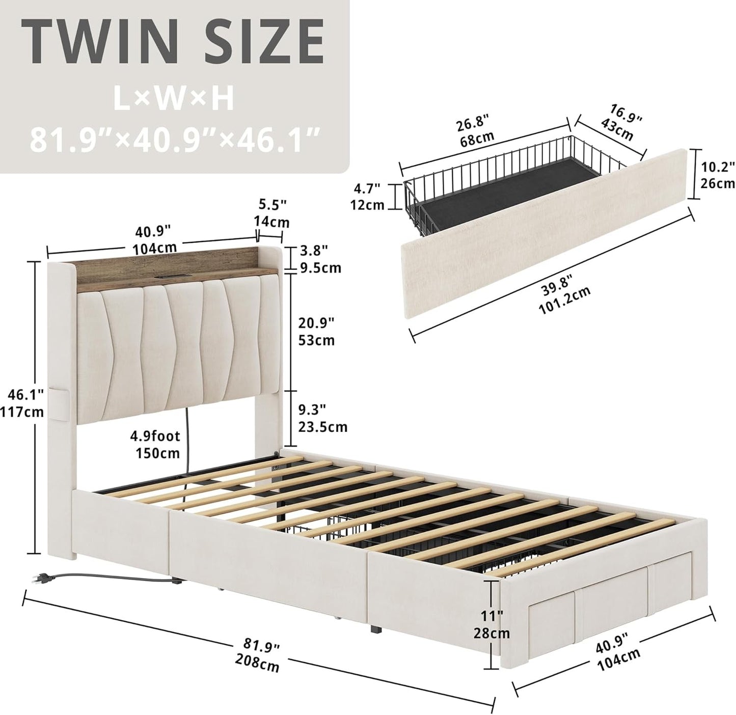 Cama de Solteiro com Estrutura e 3 Gavetas, Cama Plataforma Estofada com Cabeceira Armazenadora e Estação de Carregamento, Não Precisa de Box