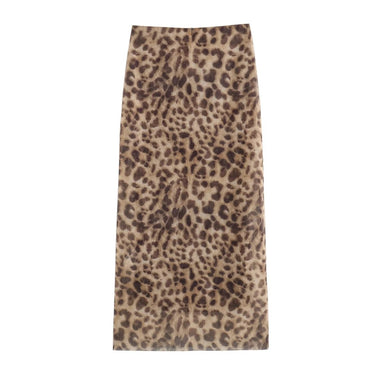 Women Leopard Tulle Midi Skirt 2024 Summer Fashion High Waist Elasticated Waistb