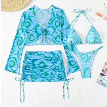 Women Bikini 4 Piece Set Tie Dye/Mesh Lace Long Sleeved Top Skirt Bottom Halter Bikini 2025 New Sexy Slim Beachwear Size S-XL