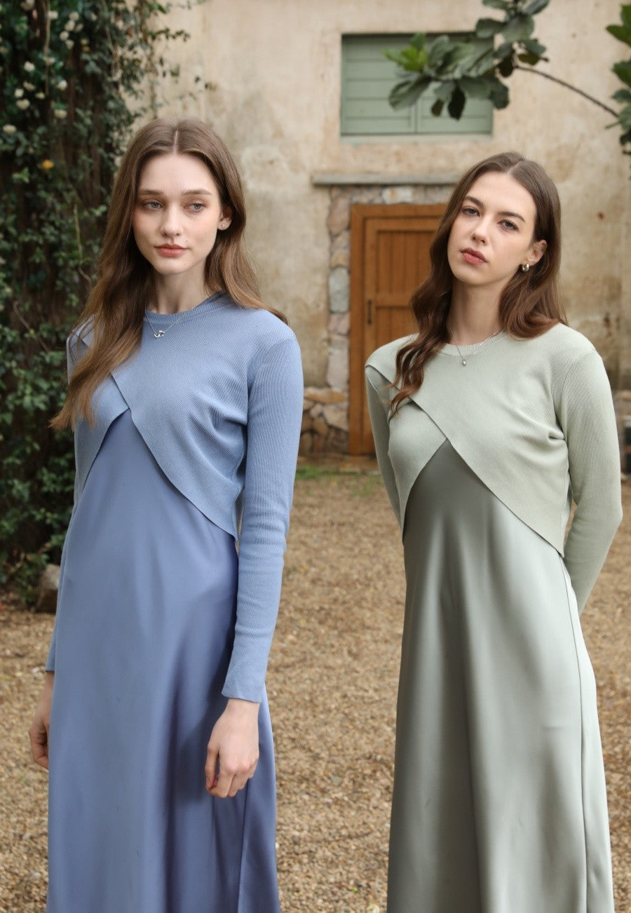 AS 2025 spring summer elegance satin dress + knitted top match set maxi floor le