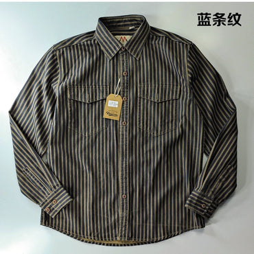 2025 Spring and Autumn New American Retro Woven Striped Cargo Shirt Men's Simple 100% Cotton Washed Double Pockets Thin Jacket
