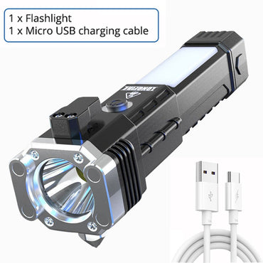 Led Flashlight with Safety Hammer Work Light Emergency Self-Rescue Broken Window Torch USB Rechargeable Tactical Light Lantern