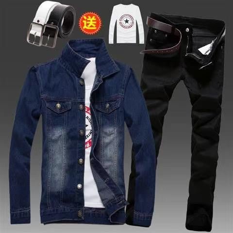 Men's Slim Fit Denim Jacket Pants 2pcs Set Long Sleeve Coats Letters Printed Casual Large Size Black White Red Boys Trousers