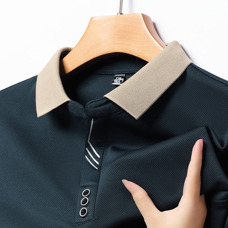 New Men's Long-sleeved Polo Shirt Sweatwear Business Casual Top Fashion Classic Solid Color Male Brand Basic V-neck Top