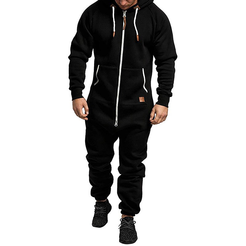 Men's Hooded Fleece Lining Jumpsuit Autumn Winter Warm Long Sleeve Full Zipper Overalls with Kangaroo Pockets Night Clothes