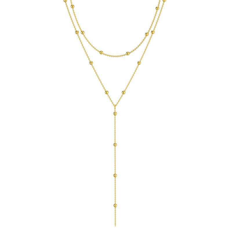 LATS Gold Color Double Layered Long Tassel Chain Necklaces for Women Simple Metal Geometric Bead Choker Necklace Fashion Jewelry