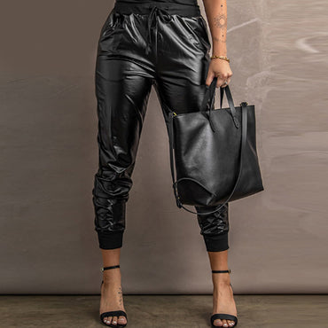 Women Leather Drawstring Pocket Design Mid Waist Loose Elastic Black Solid Color Long Pants