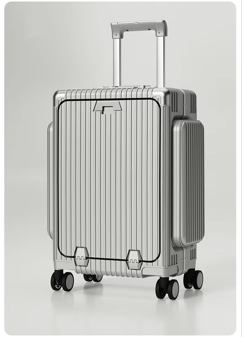 Tri-Zone Access Opening Suitcase Aluminum Frame PC Material Travel Case with Spinner Wheels Cup Holder TSA Lock Rolling Luggage