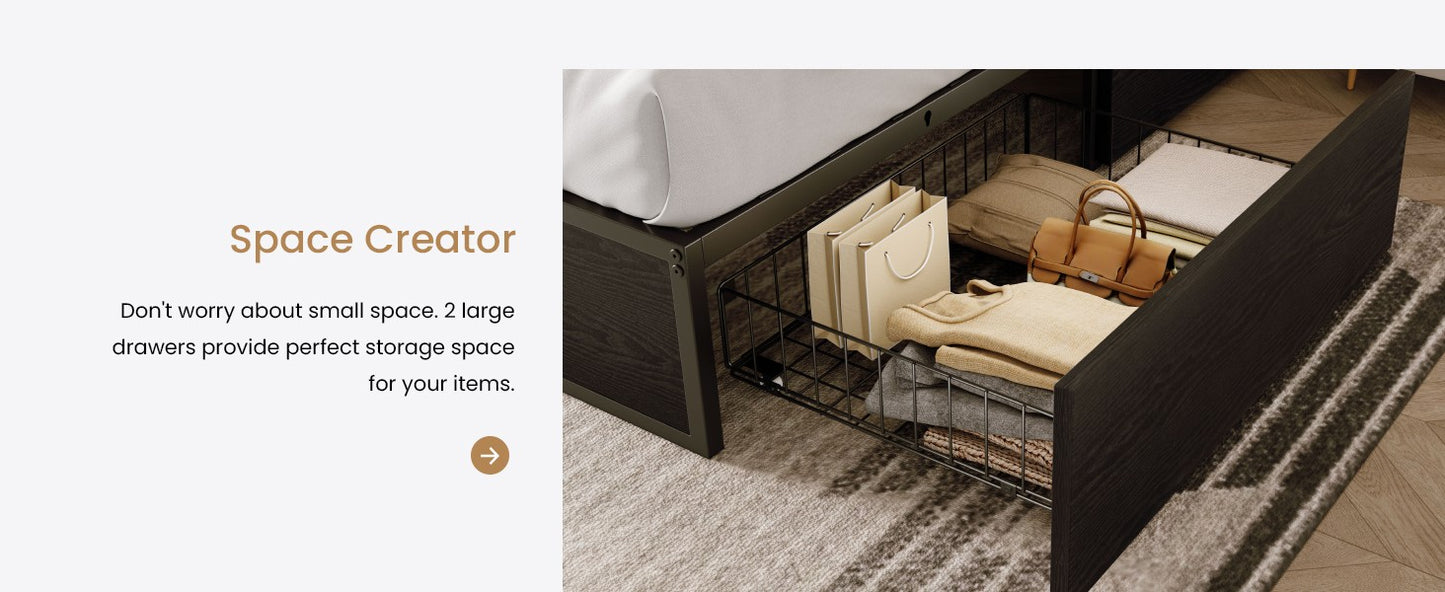 Cama Queen com Estrutura, 2 Gavetas Grandes de Armazenamento, Silenciosa, Fácil de Montar, Não Precisa de Box Spring, Cama com Armazenamento