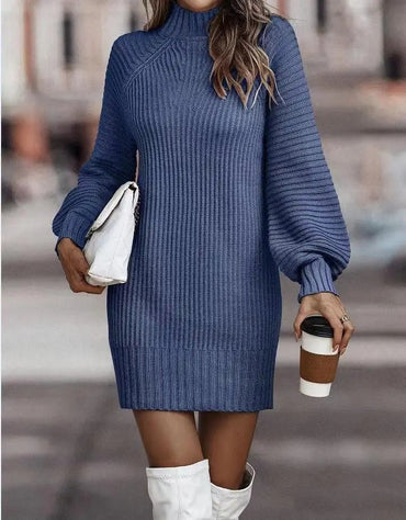 High Neck Long Sleeve Women's Knitted Dress Sweater Autumn Winter New Style Cross-Border Fashion Elegant Classy Female Garment